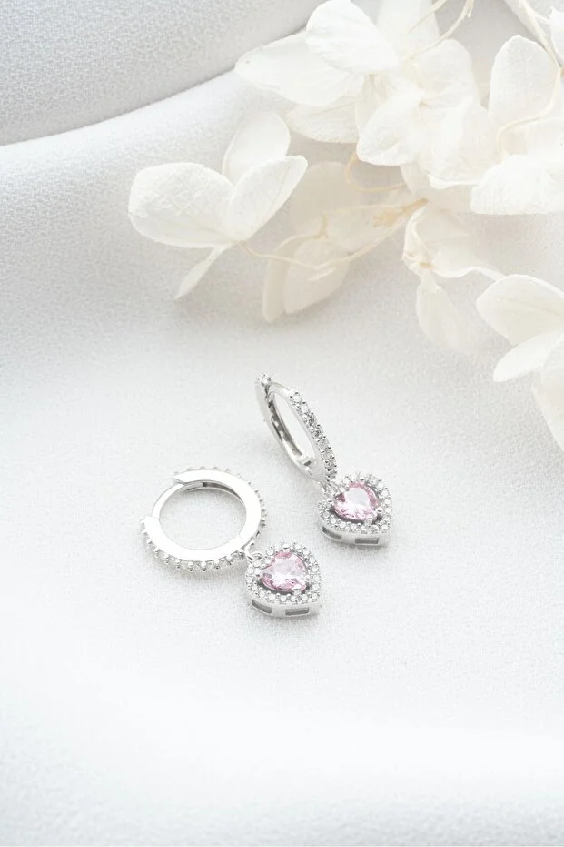 925 Ayar Gümüş Pembe Kalpli Küpe